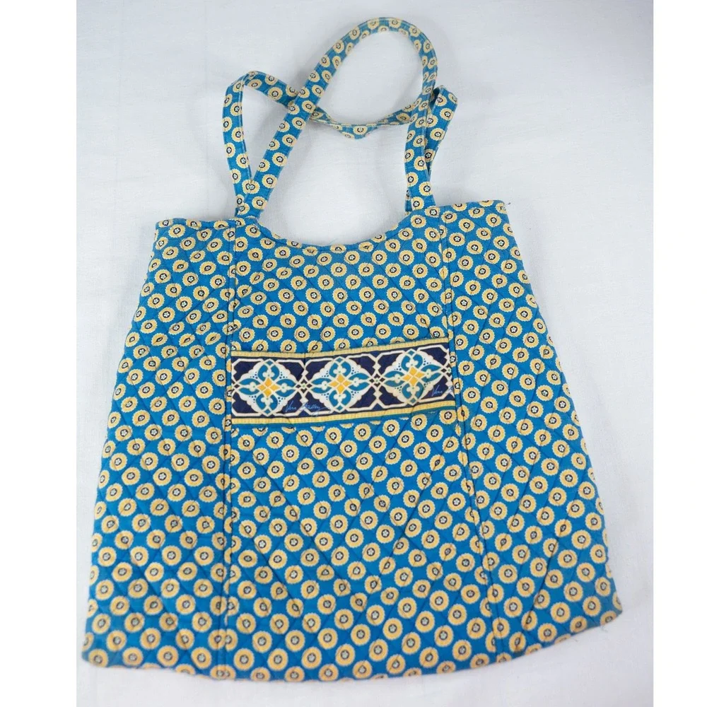 Vera Bradley‎ Curvy Tote Bag Riviera Blue Yellow Good Quilted Shoulder Floral